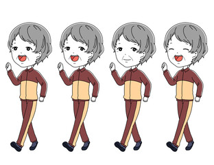 ウォーキングをしているジャージ姿のおばあちゃんの全身イラストセット