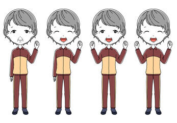 ガッツポーズをしているジャージ姿のおばあちゃんの全身イラストセット