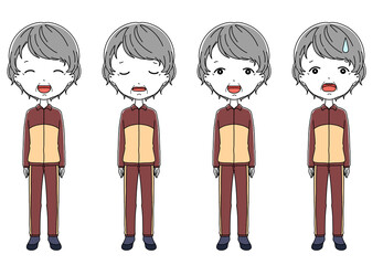 ジャージ姿のおばあちゃんの笑顔や落ち込んだりしている表情の全身イラストセット