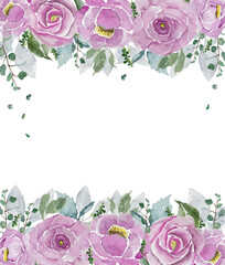 Pink watercolor vintage roses top and bottom row with white open space background
