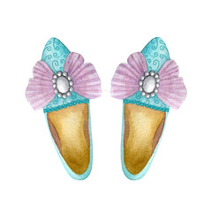 Turquoise baroque shoes with pink pompous bow and pearl brooch. Watercolor illustration isolated on a white background