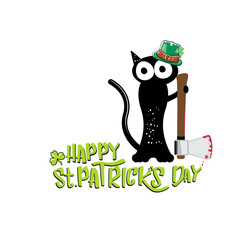 Happy st patricks day greeting card or banner with Black cat with patricks hat holding bloody knife isolated on white background. Funny black cat and knife . Patricks day concept illustration