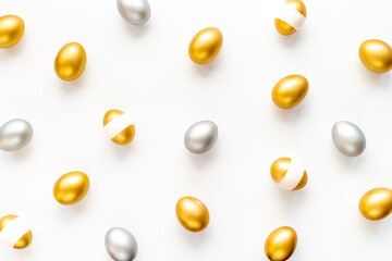 Silver and golden Easter eggs. Easter decoration, top view