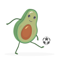 Kawaii avocado hits the soccer ball, stuffs on the leg. Food. Green fruit plays football. White background. Vector illustration. Cute isolated character. Icon