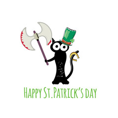 Happy st patricks day greeting card or banner with Black cat with patricks hat holding bloody knife isolated on white background. Funny black cat and knife . Patricks day concept illustration