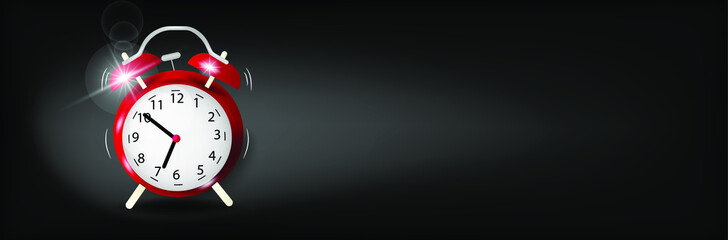 Red alarm clock is ringing on a black background. Time is money concept. 3d vector illustration