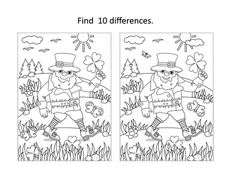 St Patrick's Day find 10 differences visual puzzle and coloring page with happy leprecaun found lucky quatrefoil
