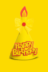 Yellow Birthday hat with elements and decorations for party and celebrations isolated on yellow background