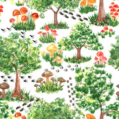 Colorful watercolor trees, animal footprints and mushrooms seamless  pattern.  Hand Illustration for creating fabrics, wallpapers, gift wrapping paper, invitations, textile, scrapbooking.