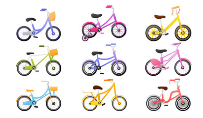 Fototapeta premium Set of colourful kids bicycle, healthy lifestyle objects, children bikes, transport for travel, toys for child in cartoon style on white background