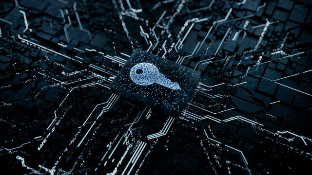Security Technology Concept with key symbol on a Microchip. Data flows from the CPU across a Futuristic Motherboard. 3D render.