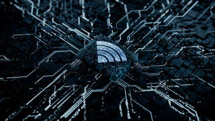 Wireless Technology Concept with wifi symbol on a Microchip. Data flows from the CPU across a Futuristic Motherboard. 3D render.