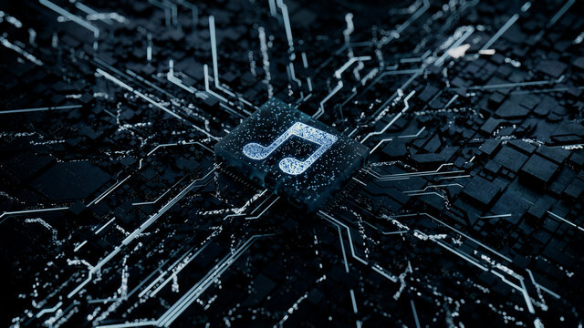 Audio Technology Concept with music symbol on a Microchip. Data flows from the CPU across a Futuristic Motherboard. 3D render.