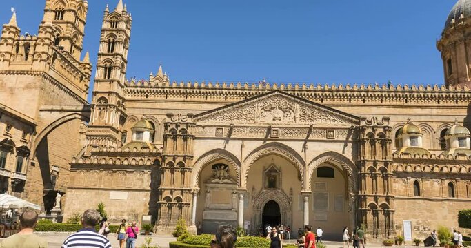 hyperlapse on Palermo Cathedral square in Italy. Video 4k. Panoramic view of Palermo Cathedral Duomo di Palermo in Palermo, Sicily, Italy. Panorama of Palermo cathedral in Arabian-Norman style.