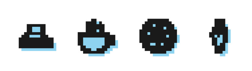 Set line Donut, Kitchen extractor fan, Coffee cup and Pastry bag icon. Vector.