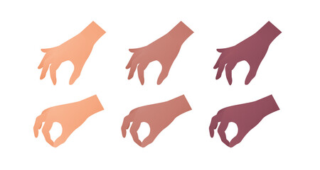 Hand gesture icon collection. Vector flat multiracial llustration set. Caucasian, african american and indian ethnic. Pick up by finger gesture. Take object symbol. Design element for web.