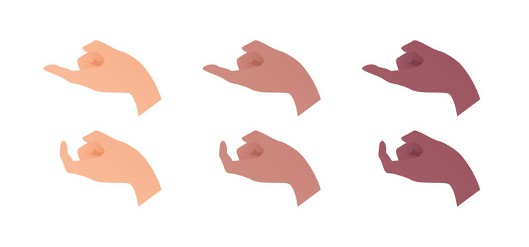 Hand gesture icon collection. Vector flat multiracial llustration set. Caucasian, african american and indian ethnic. Come hither sign. Come closer, invite, flirting symbol. Design element for web.