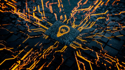 Innovation Technology Concept with lightbulb symbol on a Microchip. Data flows from the CPU across a Futuristic Motherboard. 3D render.