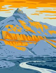 WPA poster art of Sheep Rock in Sheep Rock Unit of John Day Fossil Beds National Monument in Wheeler and Grant counties Oregon done in works project administration style or federal art project style.