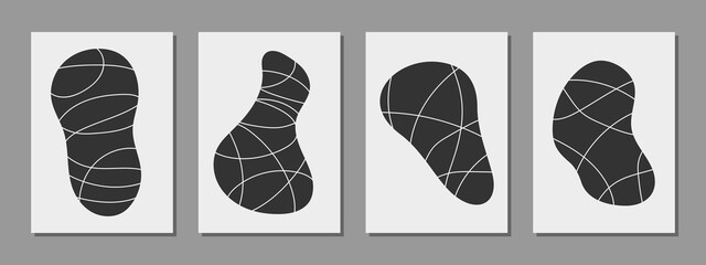 Set of minimalist abstract black and white artistic design for cover and poster or wall decoration, vector. Liquid shape stain with flowing lines pattern for interior design.