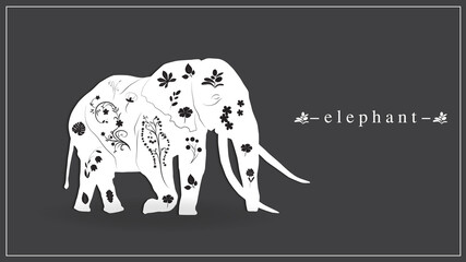 Vector illustration of an elephant in white with flowers and plants. EPS 10.