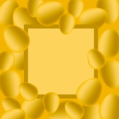 Vector Easter 3D eggs, yellow background. Decorative frame. Funny Easter card with eggs. Place for an inscription.