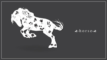 Vector illustration of a white horse with flowers and plants. EPS 10.