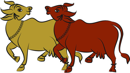 Holy cow in Kalamkari Indian traditional folk art on linen fabrics. It can be used for a coloring book, textile/ fabric prints, phone case, greeting card. logo, calendar