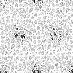 Seamless pattern with spring botanical elements in vector. Elements of floral design in the style of a doodle sketch.  birds, birdhouses, beetles Easter eggs. For invitations drawings for Easter.
