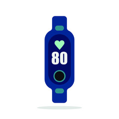 Heart rate monitor on sports bracelet screen vector flat icon isolated. Blue bracelet