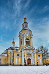 Fototapeta na wymiar Orthodox church prayer hall grand windows facade in winter