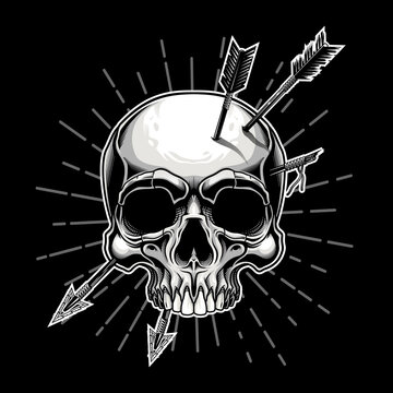 Jolly Roger skull pierced by arrows poster design. Vector illustration of human skull with arrows in engraving technique.