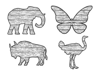 wooden animals set silhouette sketch raster