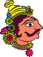 Madhubani Indian traditional art on linen fabrics. beautiful dancer's faces for textile printing