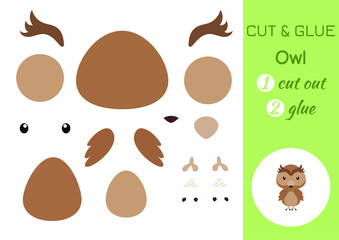 Cut and glue paper little owl. Kids crafts activity page. Educational game for preschool children. DIY worksheet. Kids art game and activities jigsaw. Vector stock illustration.