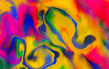 Abstract wavy vibrant facture. Splashed liquid paints. Psychedelic trippy effect. Distortion. Creative graphic design. Colorful artistic illustration. Digital art. Wallpapers for desktop.