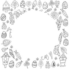 Square frame with spring botanical elements in vector. Elements of floral design in the style of Doodle sketch. Cute birds, birdhouses, beetles Easter eggs. For invitations, cards, designs for Easter.
