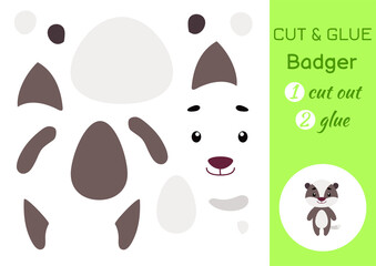 Cut and glue paper little badger. Kids crafts activity page. Educational game for preschool children. DIY worksheet. Kids art game and activities jigsaw. Vector stock illustration.