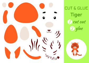 Cut and glue paper little tiger. Kids crafts activity page. Educational game for preschool children. DIY worksheet. Kids art game and activities jigsaw. Vector stock illustration.
