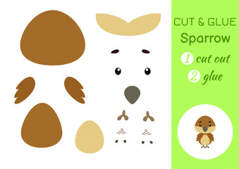 Cut and glue paper little sparrow. Kids crafts activity page. Educational game for preschool children. DIY worksheet. Kids art game and activities jigsaw. Vector stock illustration.
