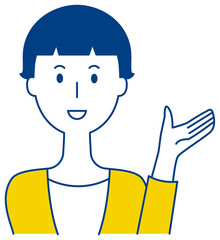 手を挙げて案内する笑顔の女性のベクターイラスト