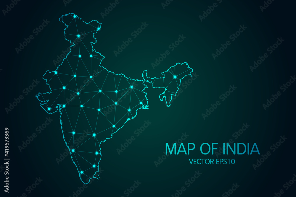Wall mural map of india - with glowing point and lines scales on the dark gradient background, 3d mesh polygona