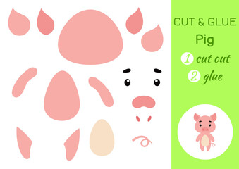 Cut and glue paper little pig. Kids crafts activity page. Educational game for preschool children. DIY worksheet. Kids art game and activities jigsaw. Vector stock illustration.