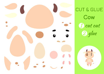 Cut and glue paper little cow. Kids crafts activity page. Educational game for preschool children. DIY worksheet. Kids art game and activities jigsaw. Vector stock illustration.