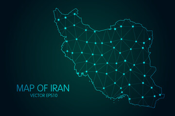 Map of Iran - With glowing point and lines scales on the dark gradient background, 3D mesh polygonal network connections.Vector illustration eps 10.