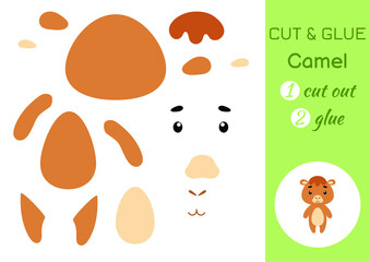 Cut and glue paper little camel. Kids crafts activity page. Educational game for preschool children. DIY worksheet. Kids art game and activities jigsaw. Vector stock illustration.