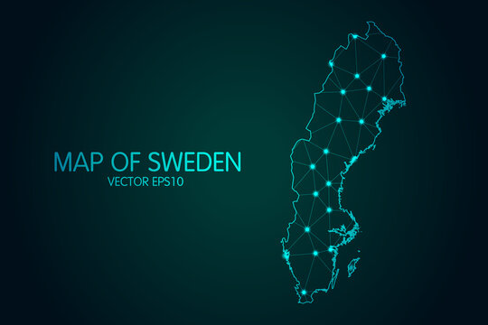 Map of Sweden - With glowing point and lines scales on the dark gradient background, 3D mesh polygonal network connections.Vector illustration eps 10.