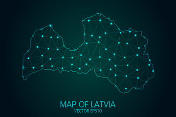 Map of Latvia - With glowing point and lines scales on the dark gradient background, 3D mesh polygonal network connections.Vector illustration eps 10.