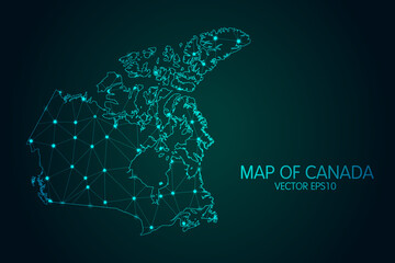 Map of Canada - With glowing point and lines scales on the dark gradient background, 3D mesh polygonal network connections.Vector illustration eps 10.