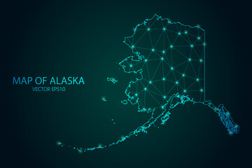 Map of Alaska - With glowing point and lines scales on the dark gradient background, 3D mesh polygonal network connections.Vector illustration eps 10.